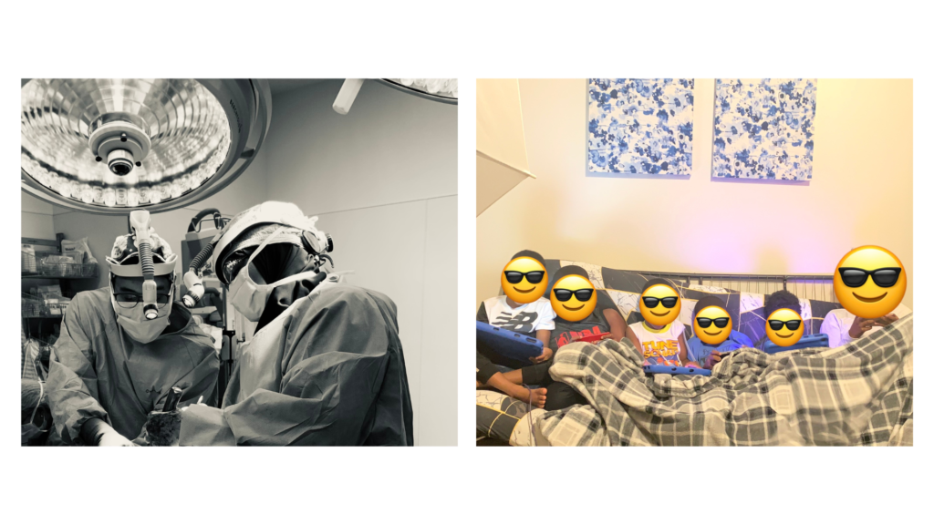 Dr. Qaali Hussein in the operating room and a picture of her children on a couch